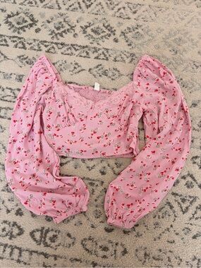 bp Pink Floral Puff Sleeve Lace-Trim Crop Top